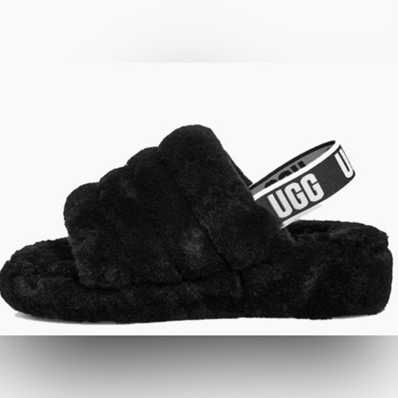 UGG Shoes - Women’s Black Ugg Slippers open toe with Logo straps size 8 loungewear fuzzy